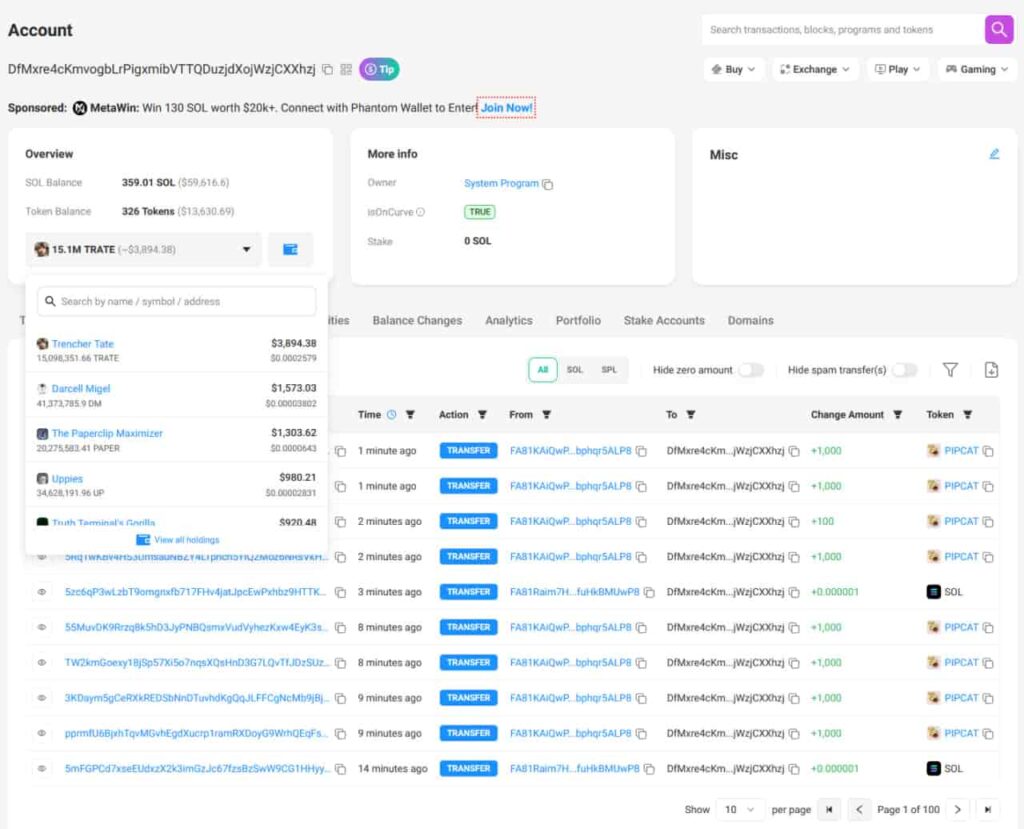 Current holdings and transactions from the trader's wallet. Source: Solscan