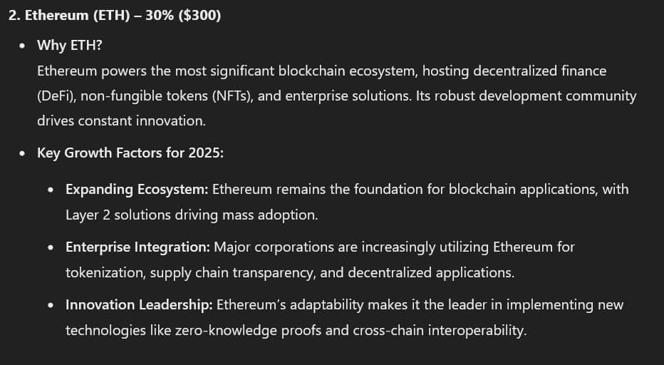 ChatGPT's reasoning for picking ETH. Source: OpenAI