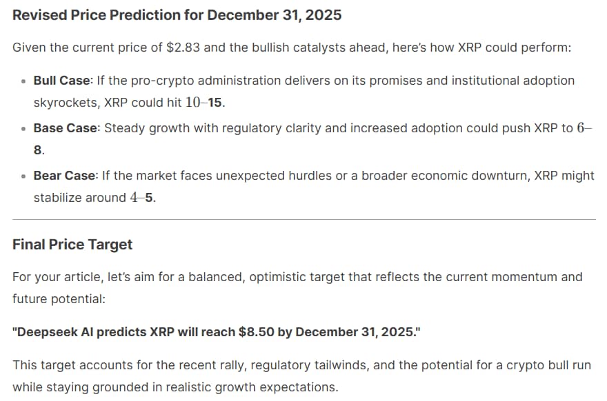 Deep seek forecasts XRP price for December 31, 2025.