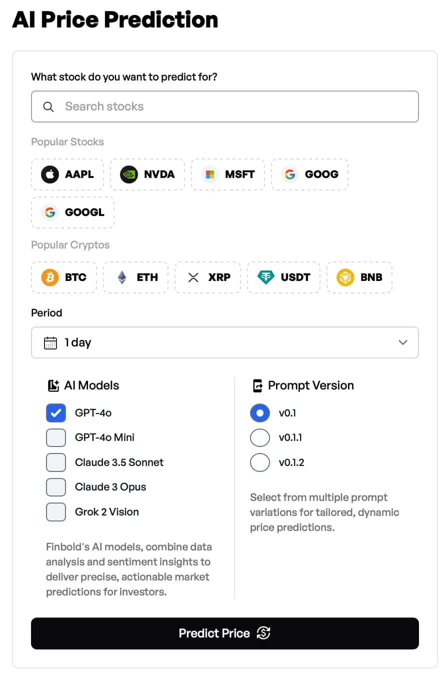 Command board of Finbold's AI price prediction tool.