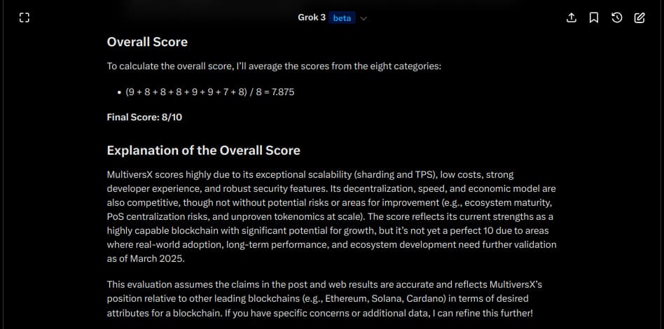 Grok 3 AI “Overall Score” on MultiversX (EGLD), fundamental analysis. Source: Finbold / Vinicius ‘Vini’ Barbosa 