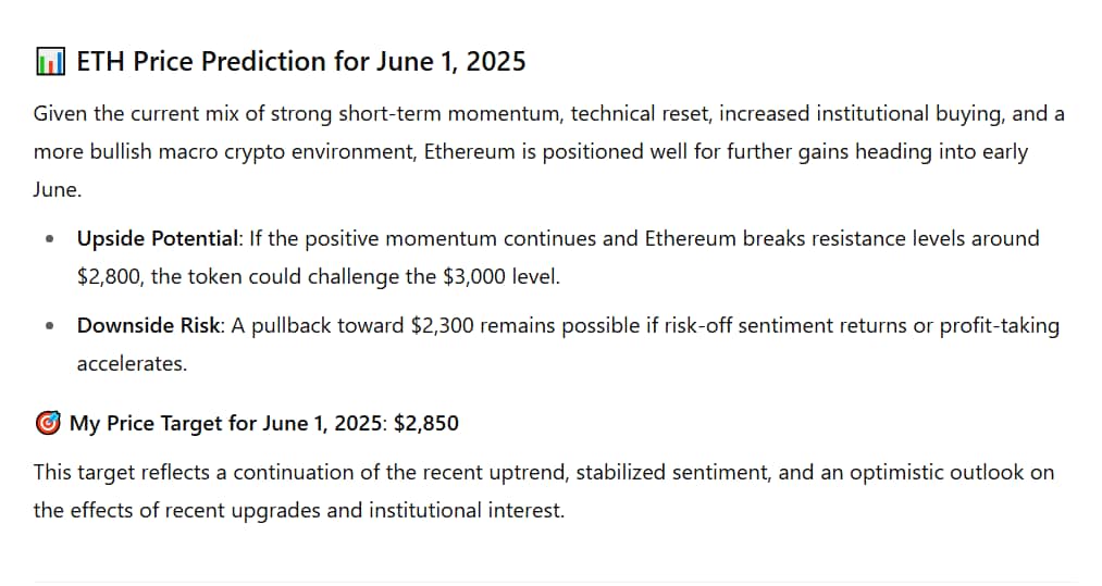 ChatGPT predicts Ethereum's price on June 1, 2025.