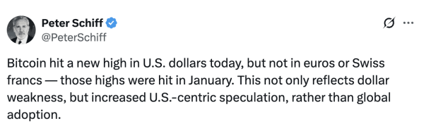 Peter Schiff: Bitcoin Price Record Highlights US Dollar Weakness0
